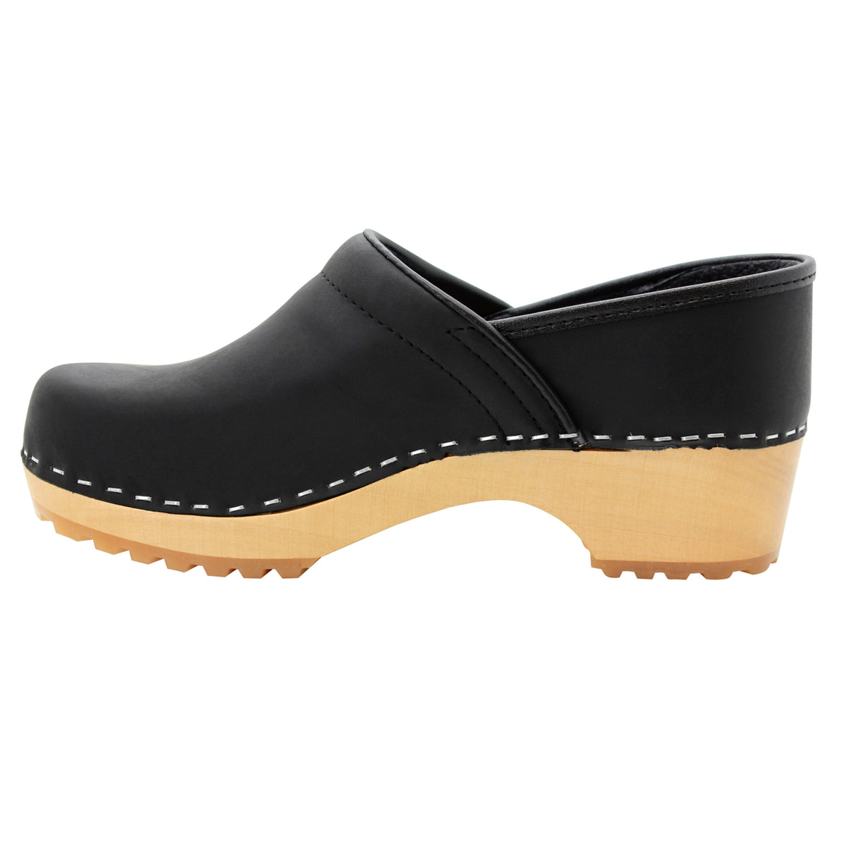 KLÄGN KLÄGN Tindra Wood Closed Back Grip Black Leather Clogs