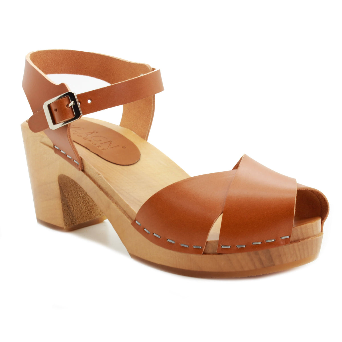 KLÄGN 750218-15-36 KLÄGN Duve Mid-heel Leather Peep Toe Wooden Clog Sandals Cognac / EU-36