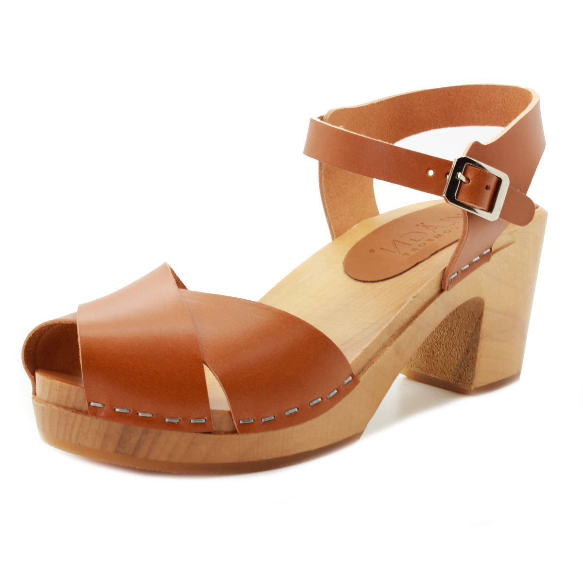 KLÄGN KLÄGN Duve Mid-heel Leather Peep Toe Wooden Clog Sandals