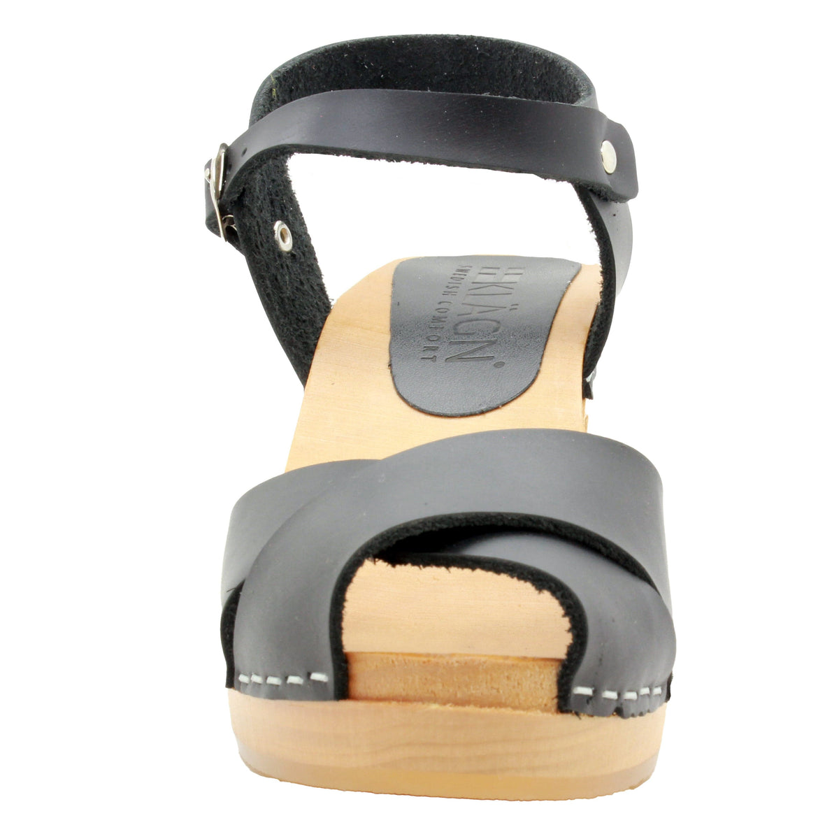 KLÄGN KLÄGN Duve Mid-heel Leather Peep Toe Wooden Clog Sandals