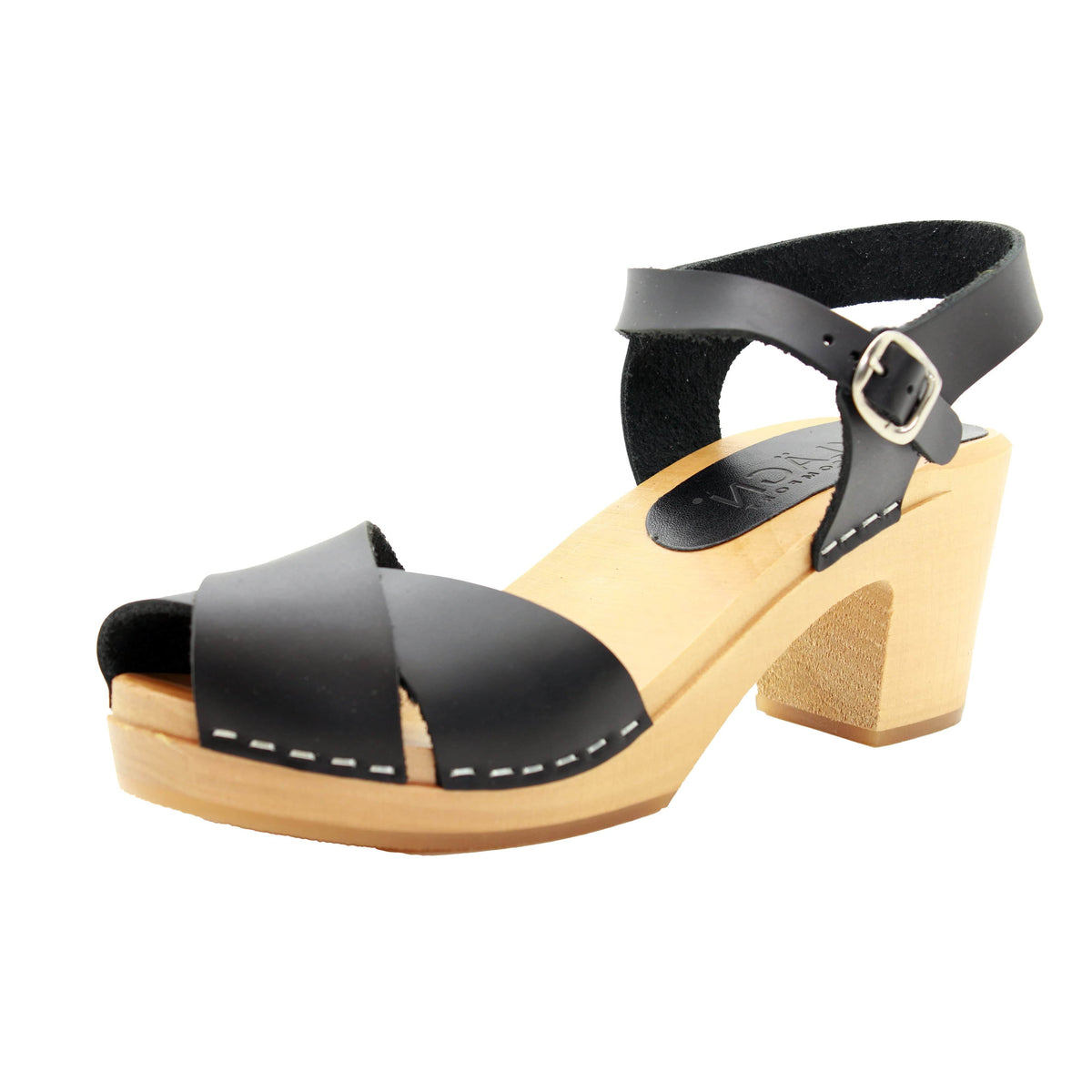 KLÄGN KLÄGN Duve Mid-heel Leather Peep Toe Wooden Clog Sandals