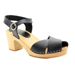 KLÄGN 750218-2-36 KLÄGN Duve Mid-heel Leather Peep Toe Wooden Clog Sandals Black / EU-36