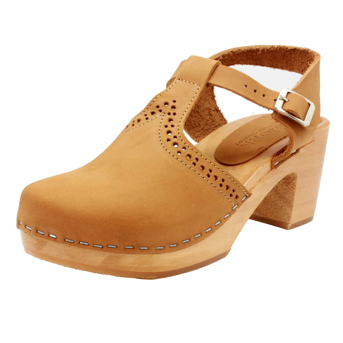BJORK BJORK CLARA Swedish Wooden Clogs in Camel Nubuck