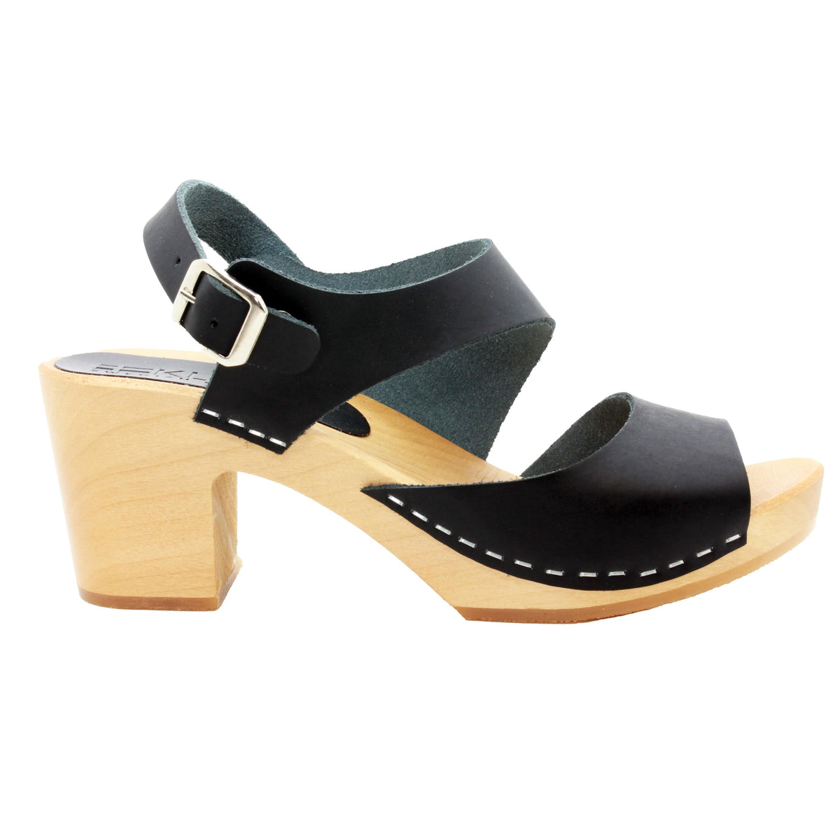 BJORK BJORK MARIE Swedish Wood Clog Sandals in Black Leather