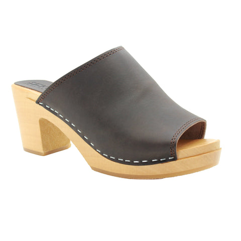 KLÄGN 754407-78-36 BJORK Thali Mid-heel Leather Peep Toe Wooden Clog Sandals Brown / EU-36