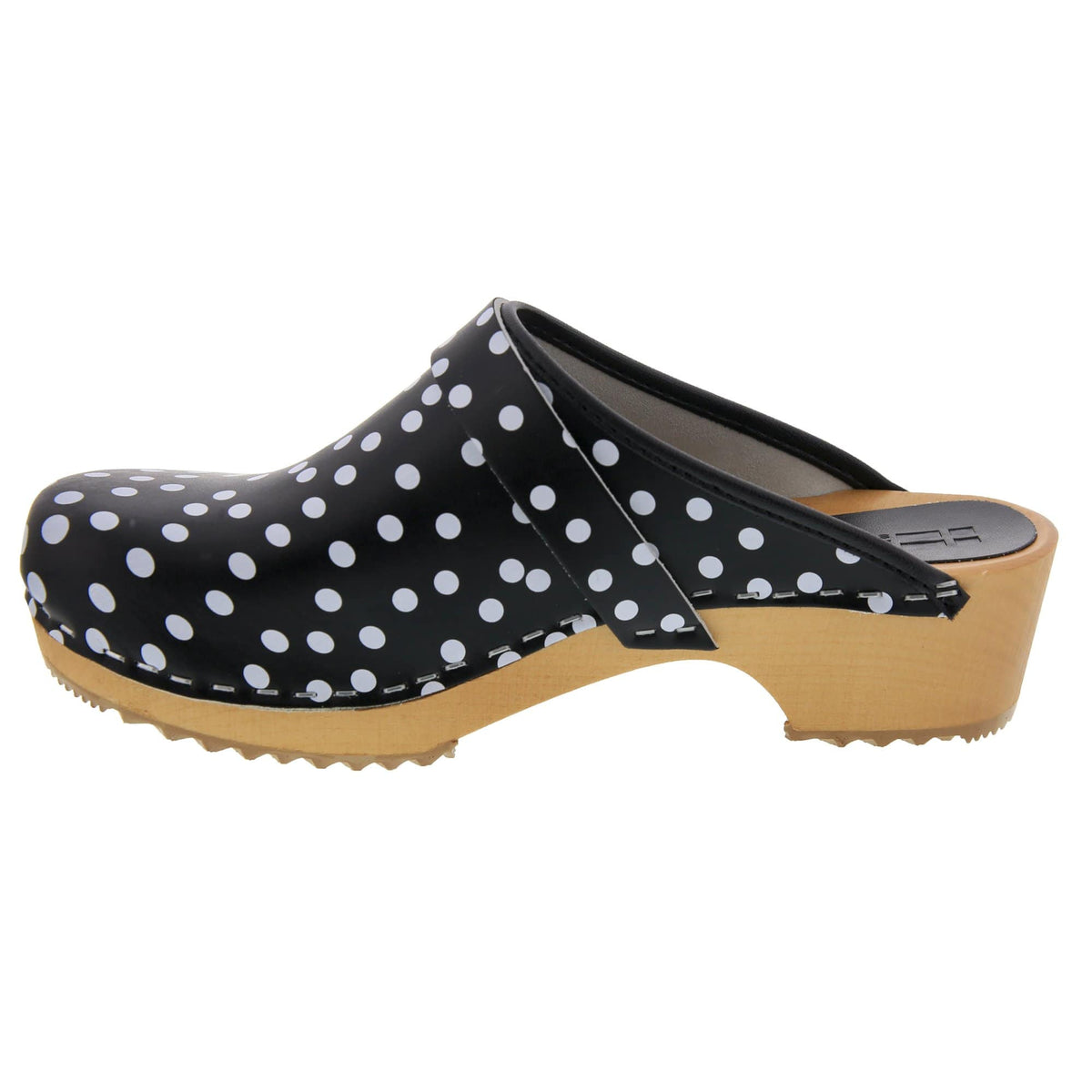 BJORK BJORK Emma Wood Open Back Black Polka Dots Leather Clogs - CLOSEOUT