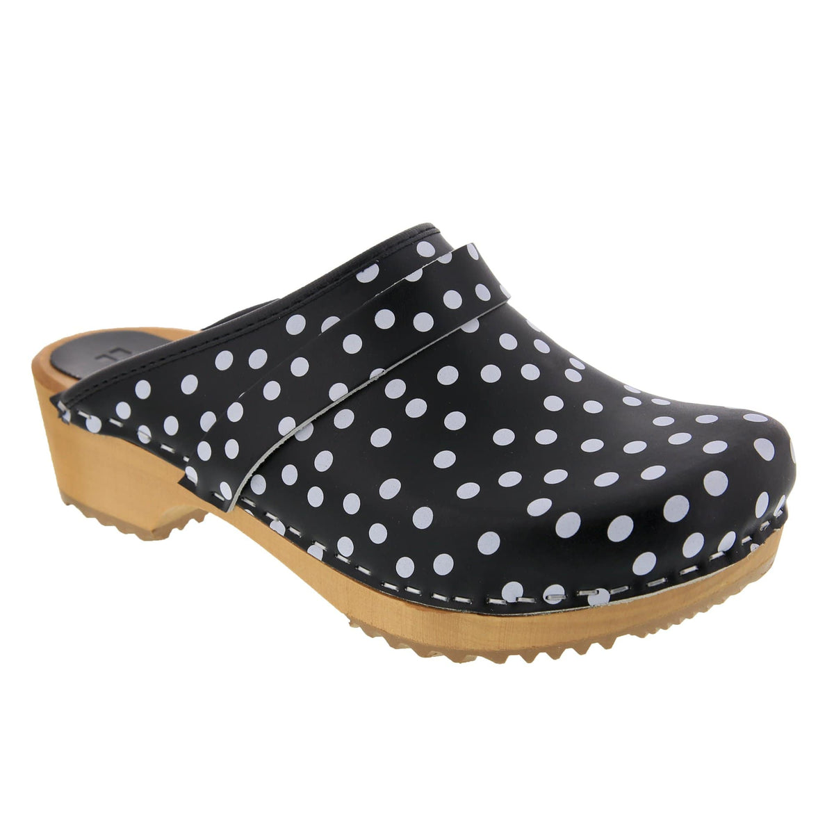 BJORK 600010-2-36 BJORK Emma Wood Open Back Black Polka Dots Leather Clogs - CLOSEOUT Black / EU-36