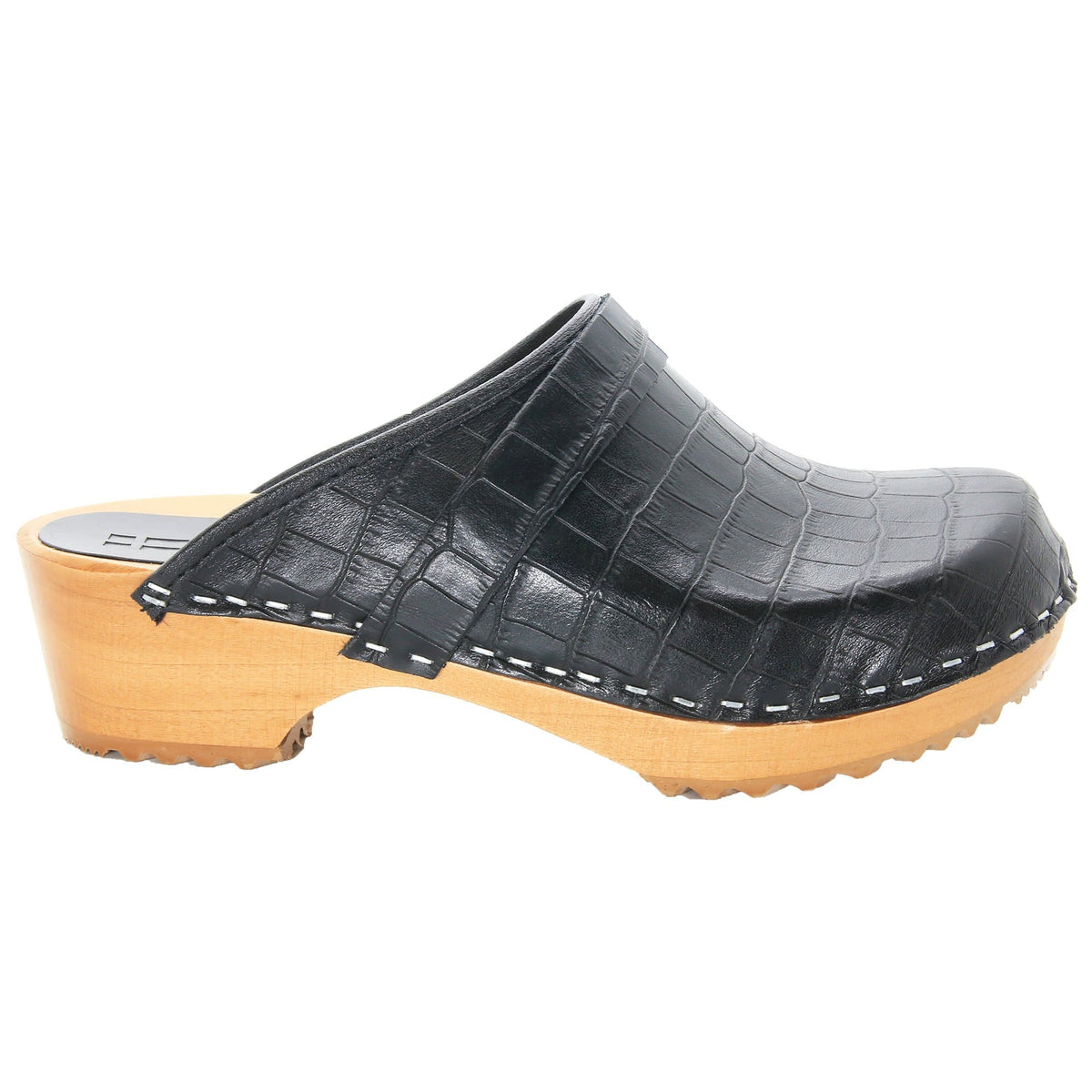 BJORK BJORK Maja Wood Open Back Black Croco Print Leather Clogs