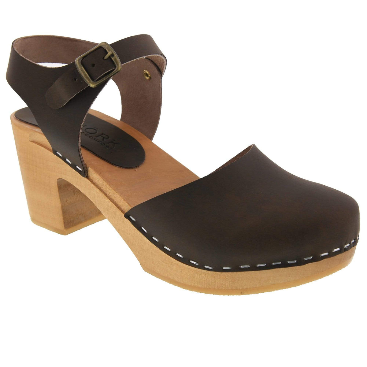 BJORK 754403-3-36 BJORK MARGARETA Swedish Wood Clog Sandals in Brown Oiled Leather Brown / EU-36