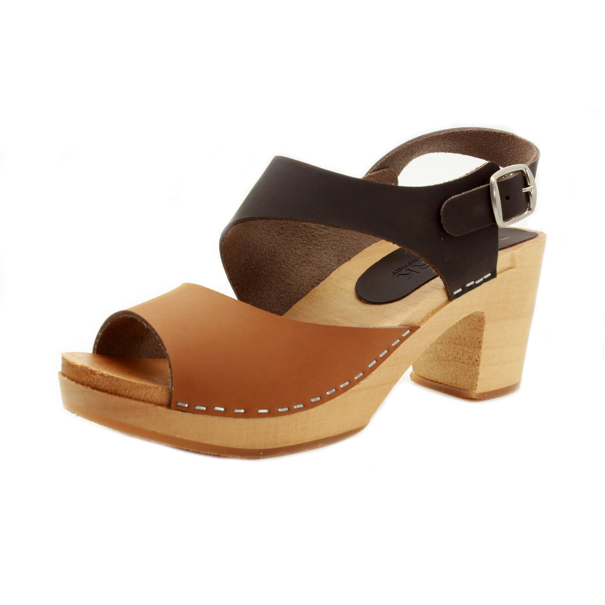 BJORK BJORK MARIE Swedish Wood Clog Sandals in Combi-Brown Oiled Leather