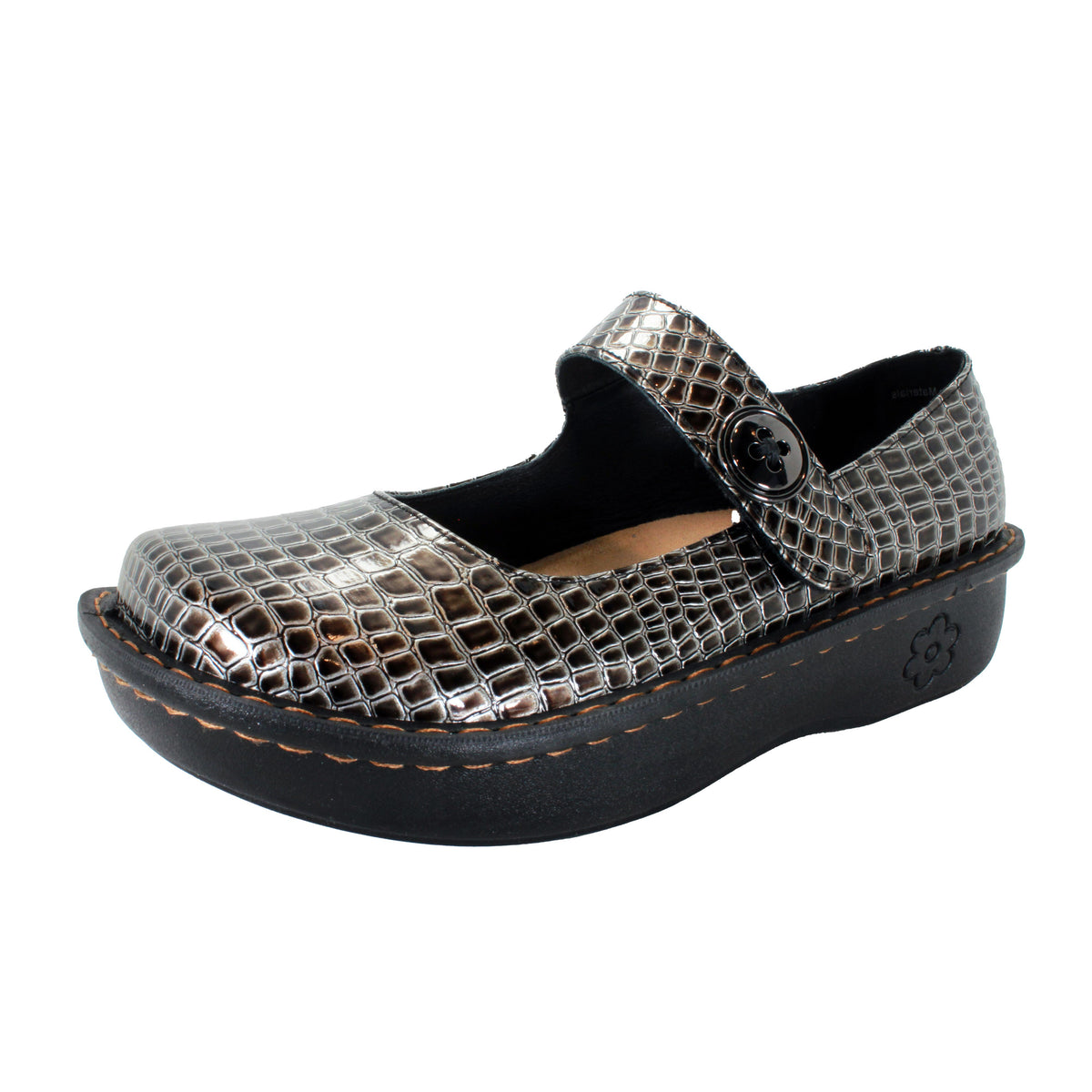 Sanosan Julia Comfort Mary-Jane Clogs in Pewter Croco patent