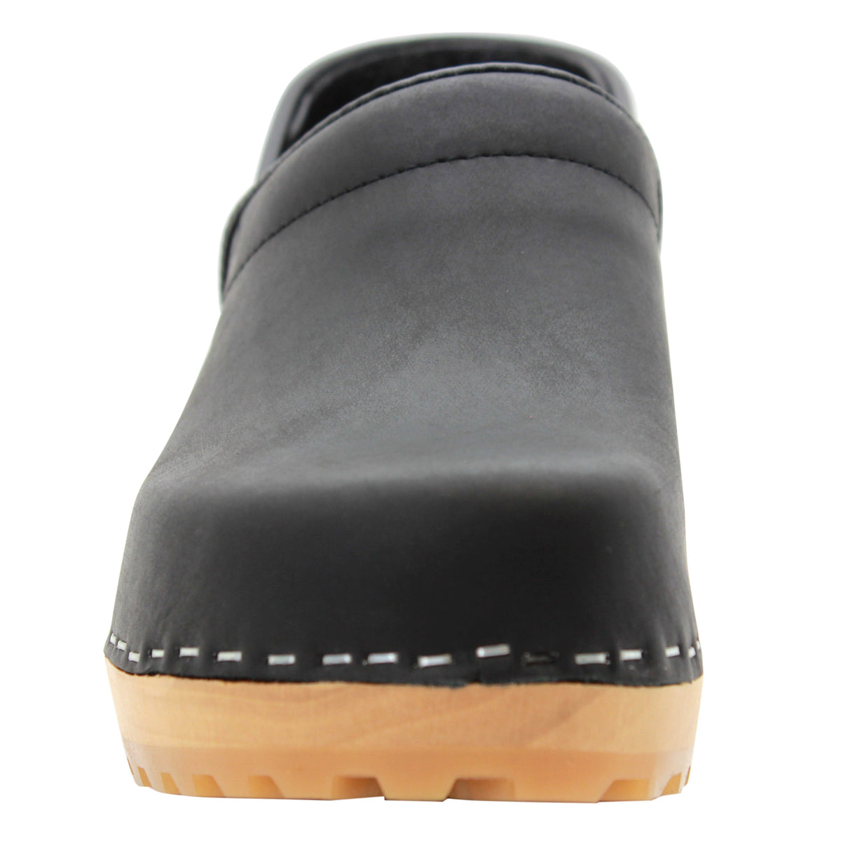 KLÄGN KLÄGN Tindra Wood Closed Back Grip Black Leather Clogs