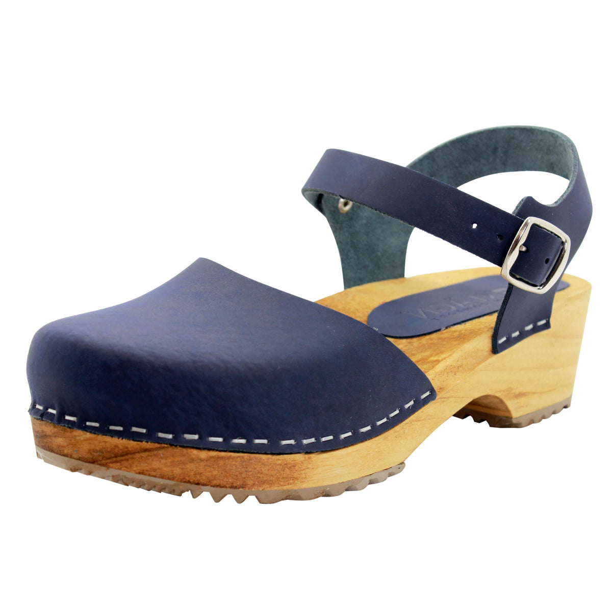 KLÄGN KLÄGN ALMA Swedish Wood Clog Leather Sandals in Navy