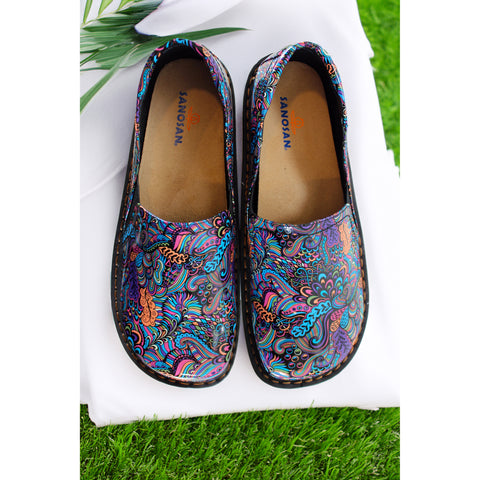 Sanosan Maria Comfort Slip-On Clogs in Mardi Gras print