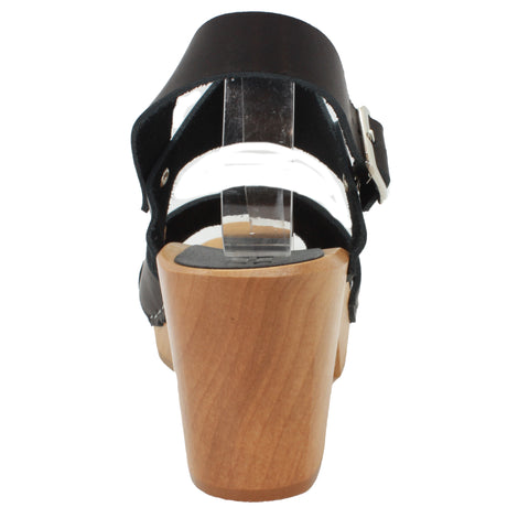 BJORK Erika Black Leather Wooden Clog Sandals