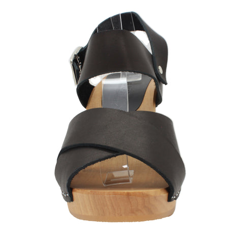 BJORK Erika Black Leather Wooden Clog Sandals