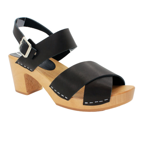 BJORK Erika Black Leather Wooden Clog Sandals