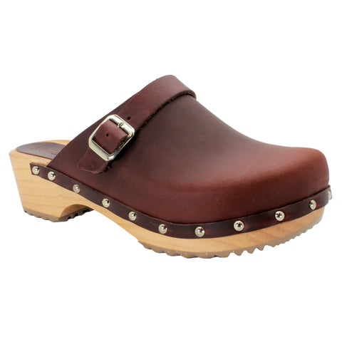 BJORK Anna Wood Full Grain Brown Leather Clogs