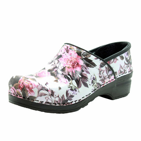 BJORK BJORK PROFESSIONAL Pink Roses Printed Leather Clogs