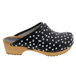 BJORK BJORK Emma Wood Open Back Black Polka Dots Leather Clogs - CLOSEOUT