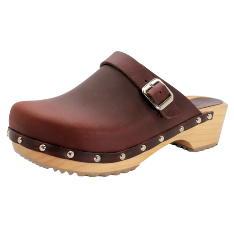 BJORK Anna Wood Full Grain Brown Leather Clogs