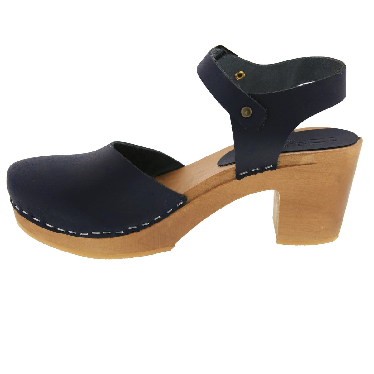 BJORK BJORK MARGARETA Swedish Wood Clog Sandals in Navy Oiled Leather
