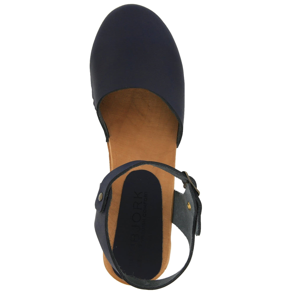 BJORK BJORK MARGARETA Swedish Wood Clog Sandals in Navy Oiled Leather