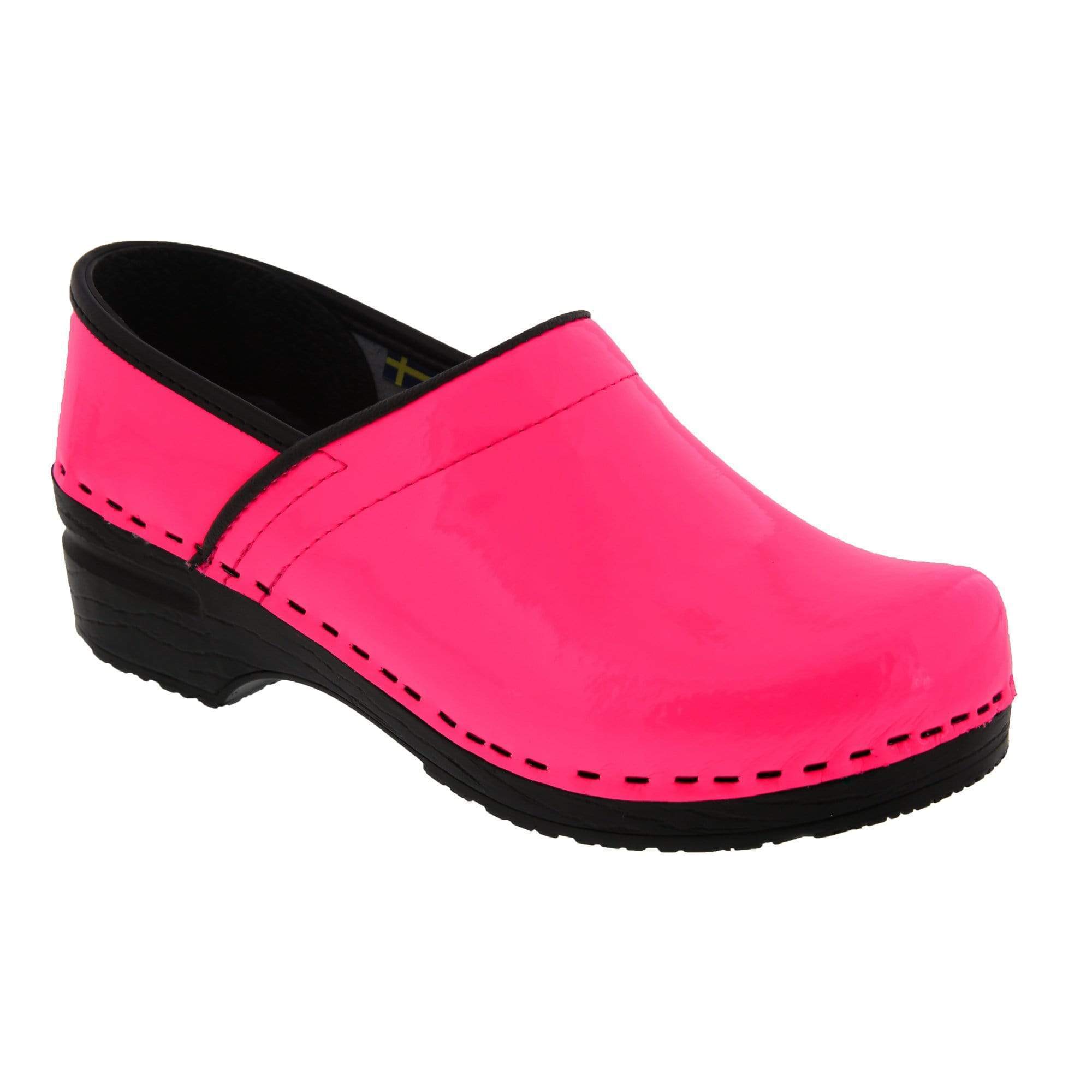 pink patent leather clogs